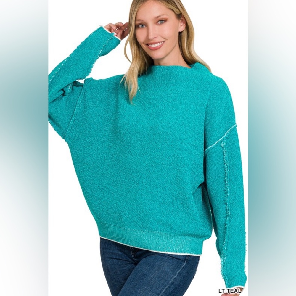 Zenana Teal Oversized Mock Neck Raw Hem Chenille Sweater - Picture 1 of 3